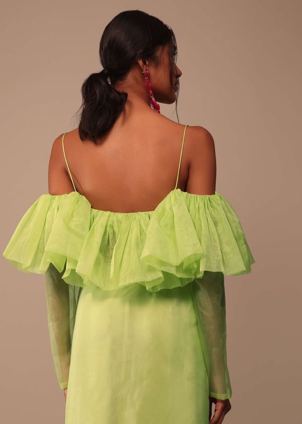 Fern Green Crepe Saree With Organza Frilled Blouse Fern Green Crepe Saree With Organza Frilled Blouse
