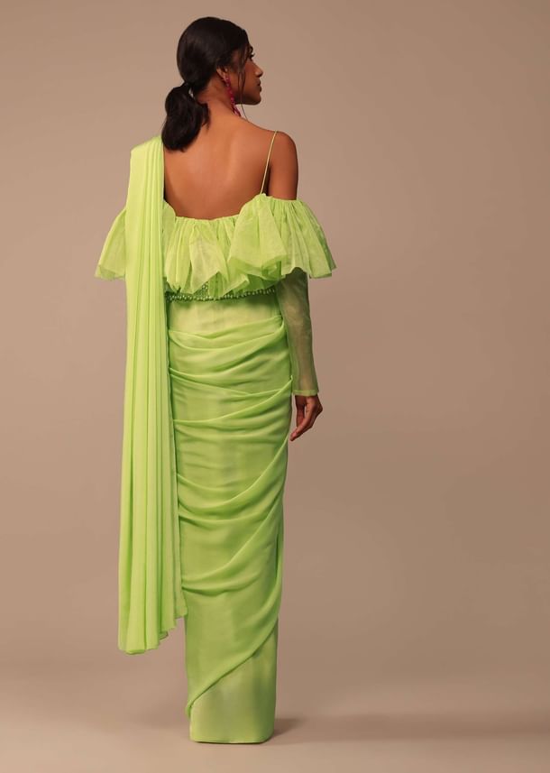 Fern Green Crepe Saree With Organza Frilled Blouse Fern Green Crepe Saree With Organza Frilled Blouse