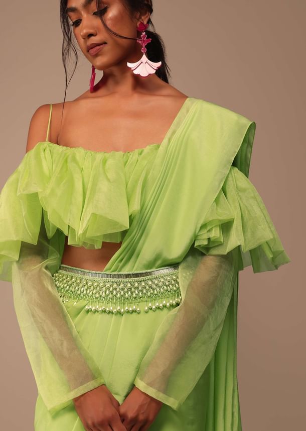 Fern Green Crepe Saree With Organza Frilled Blouse Fern Green Crepe Saree With Organza Frilled Blouse