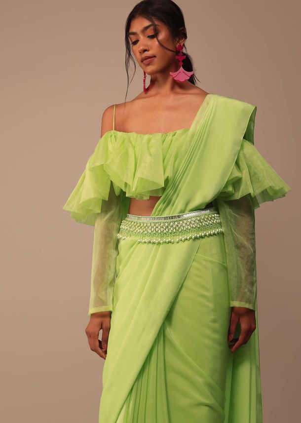 Fern Green Crepe Saree With Organza Frilled Blouse Fern Green Crepe Saree With Organza Frilled Blouse