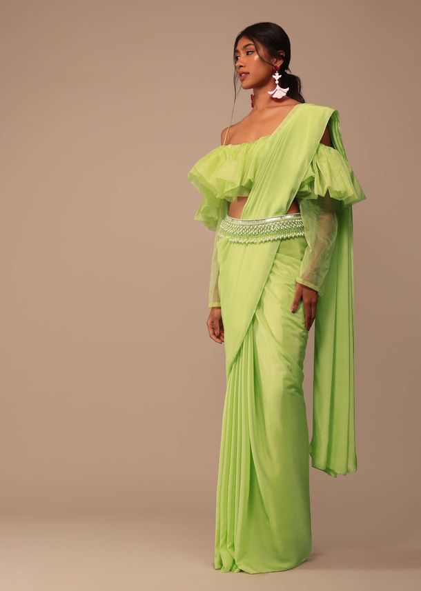 Fern Green Crepe Saree With Organza Frilled Blouse Fern Green Crepe Saree With Organza Frilled Blouse