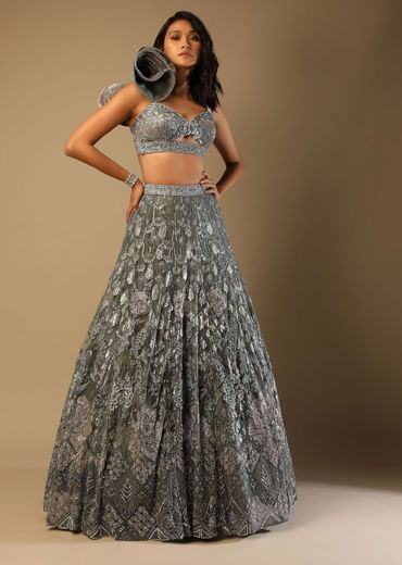 Fern Green Lehenga Choli In Net With Stone Hand Embroidered Floral Motifs And Fancy Origami Cones On The Shoulder