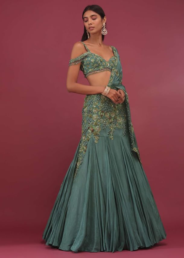 Mint Blue Lehenga Set In Pure Crepe Embroidered With Attached Dupatta - NOOR 2022
