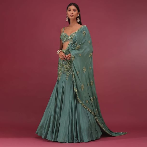 Mint Blue Lehenga Set In Pure Crepe Embroidered With Attached Dupatta - NOOR 2022