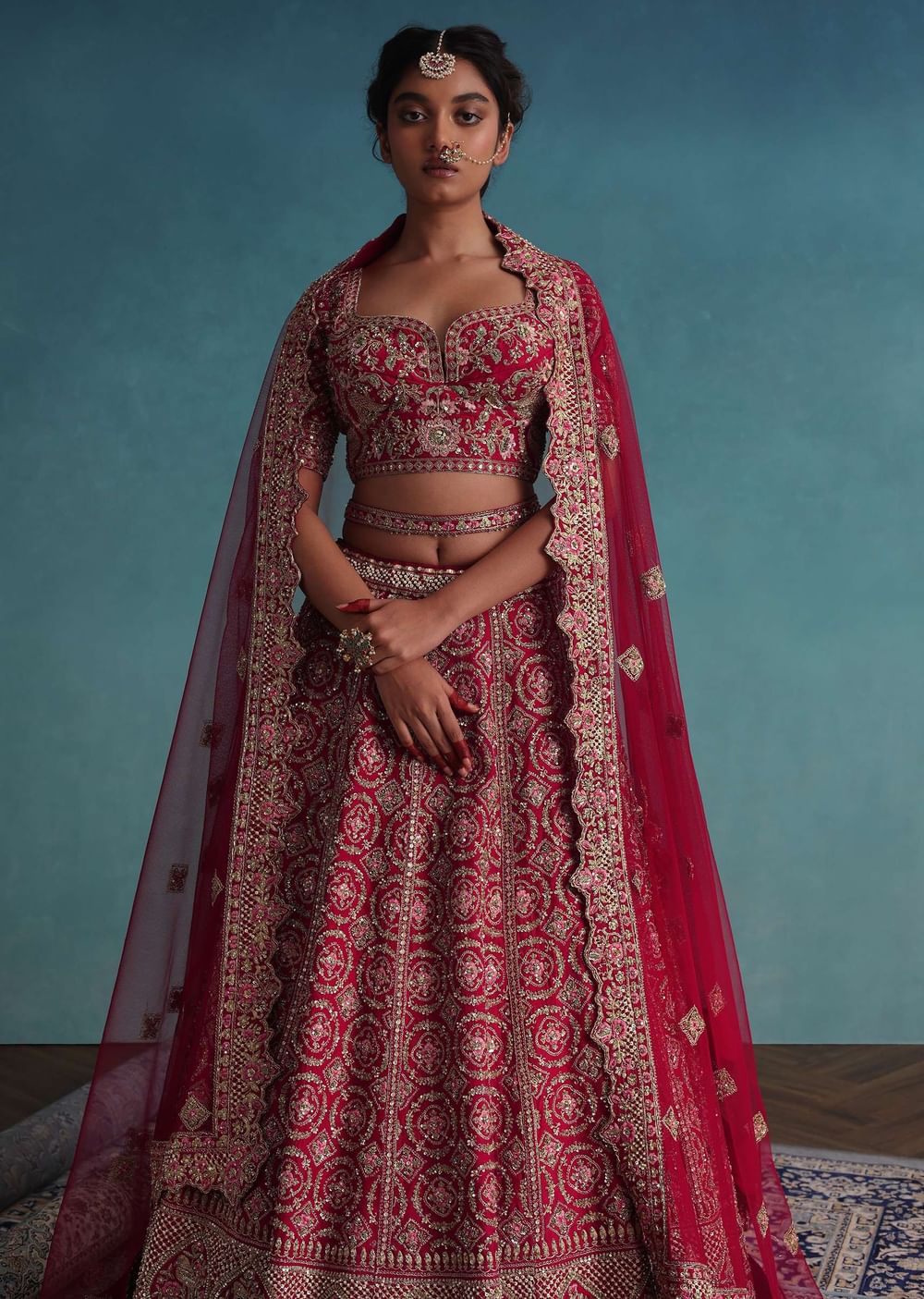Fiery Red Embroidered Bridal Lehenga In Raw Silk With Hand Embroidery