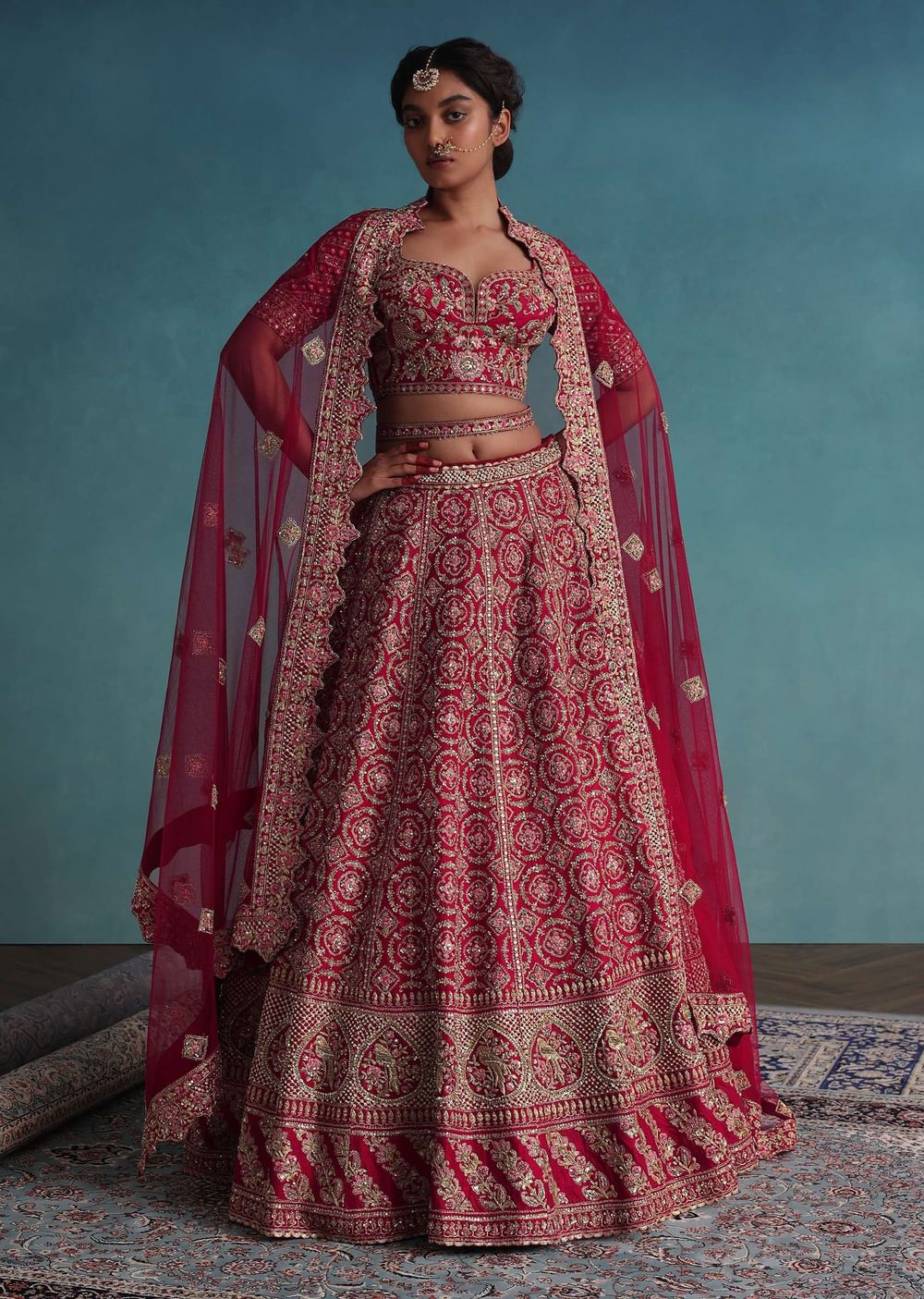 Fiery Red Embroidered Bridal Lehenga In Raw Silk With Hand Embroidery