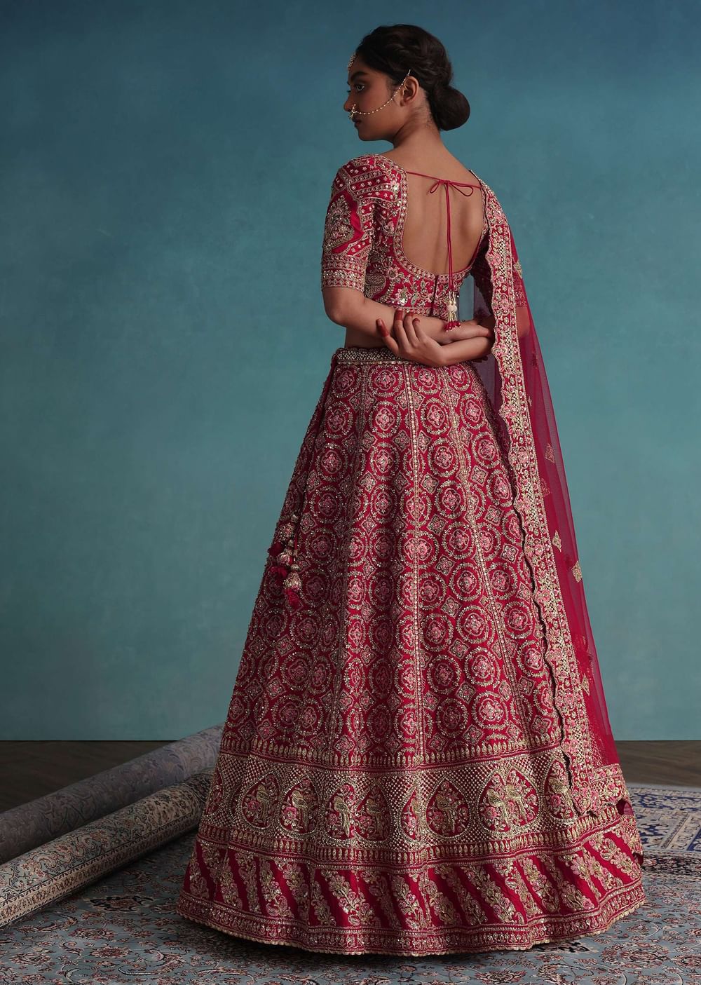 Fiery Red Embroidered Bridal Lehenga In Raw Silk With Hand Embroidery