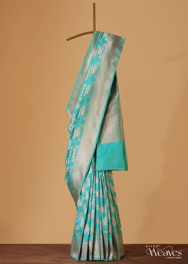 Firozi Blue Handloom Banarasi Saree In Uppada Silk With Gold Woven Meenakari Buttis And Unstitched Blouse