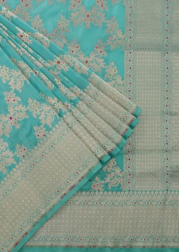 Firozi Blue Handloom Banarasi Saree In Uppada Silk With Gold Woven Meenakari Buttis And Unstitched Blouse