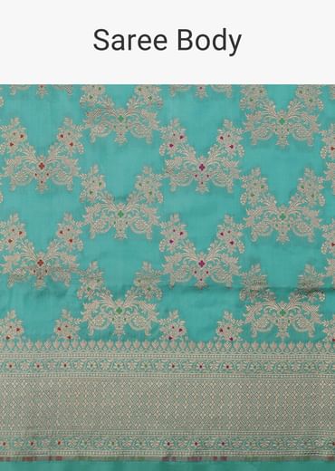 Firozi Blue Handloom Banarasi Saree In Uppada Silk With Gold Woven Meenakari Buttis And Unstitched Blouse