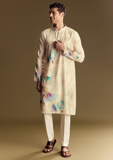 Floral Beige Linen Kurta Set