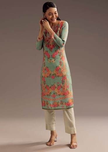 Floral Print Crepe Kurta With Cutdana Work