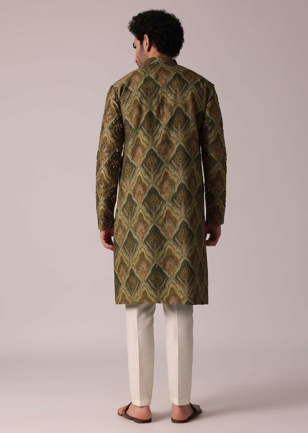 Floral Printed Green Festive Silk Kurta Set For Men