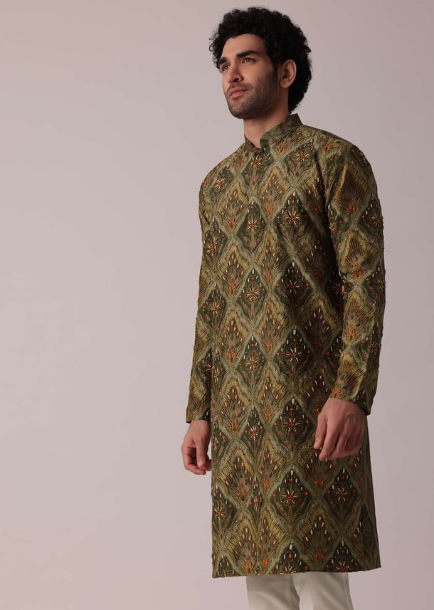 Floral Printed Green Festive Silk Kurta Set For Men