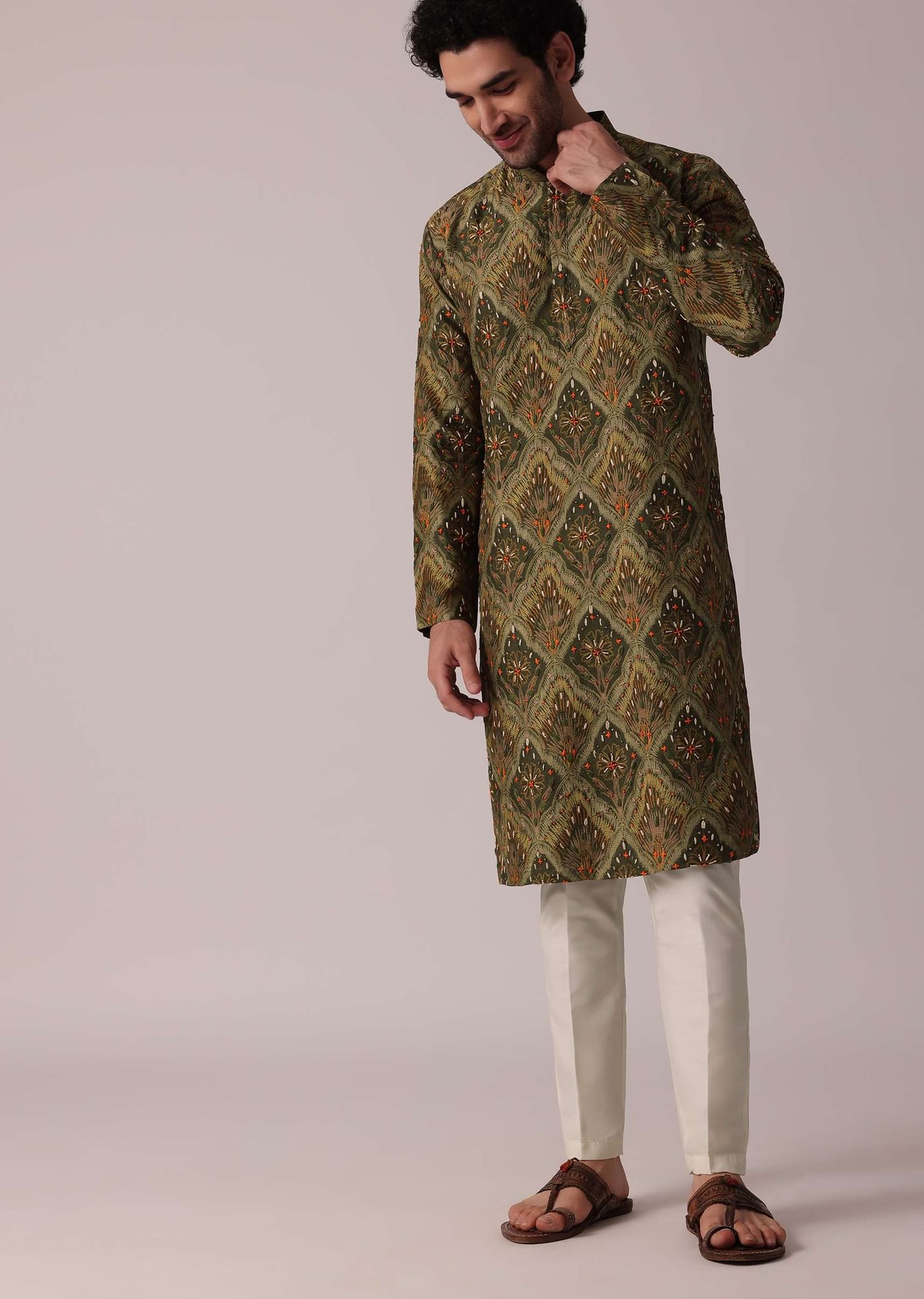 Floral Printed Green Festive Silk Kurta Set For Men