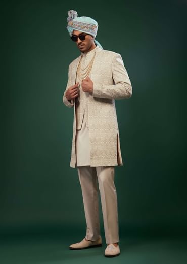 Beige White Embroidered Sherwani Set In Raw Silk