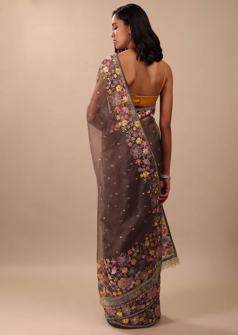 Fog Grey Saree In Organza With A Wide Floral Embroidered Pallu With Tassels