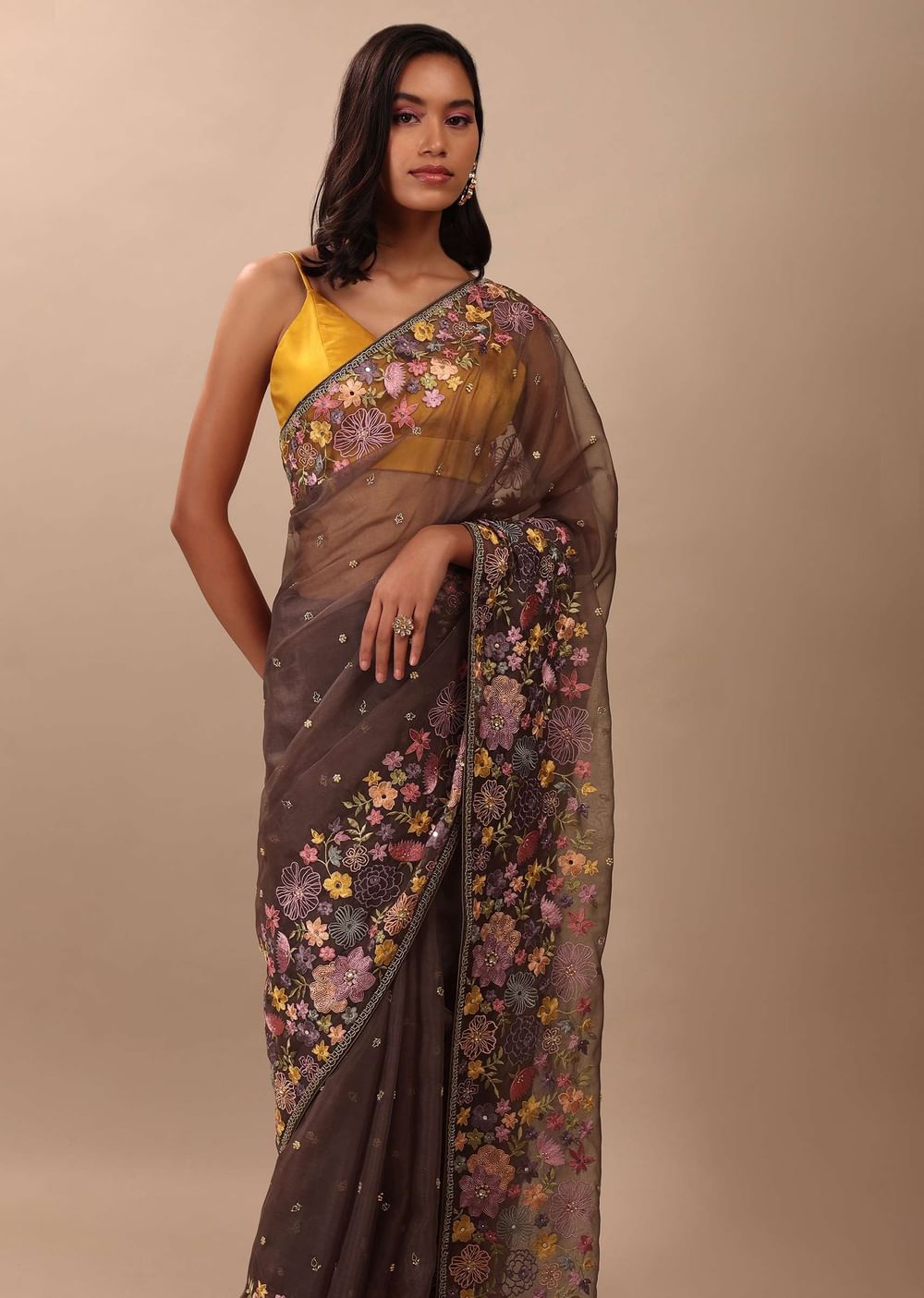 Fog Grey Saree In Organza With A Wide Floral Embroidered Pallu With Tassels