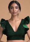 Forest Green Blouse In Velvet With Trapeze Neck And Ruffle Sleeves