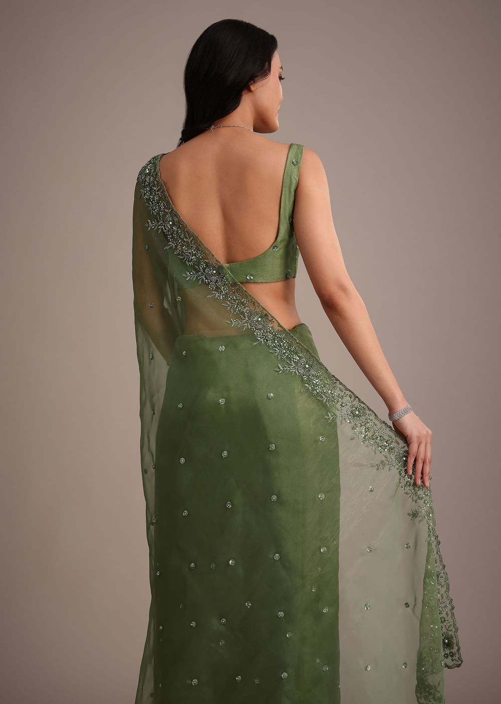 Forest Green Soft Organza Saree With Cutdana Sequin Embroidery