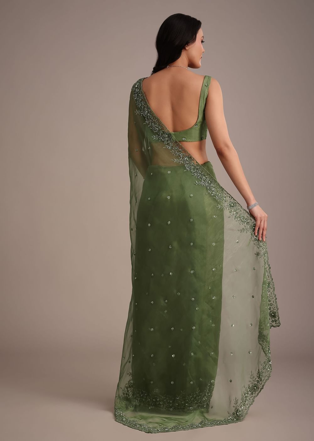 Forest Green Soft Organza Saree With Cutdana Sequin Embroidery