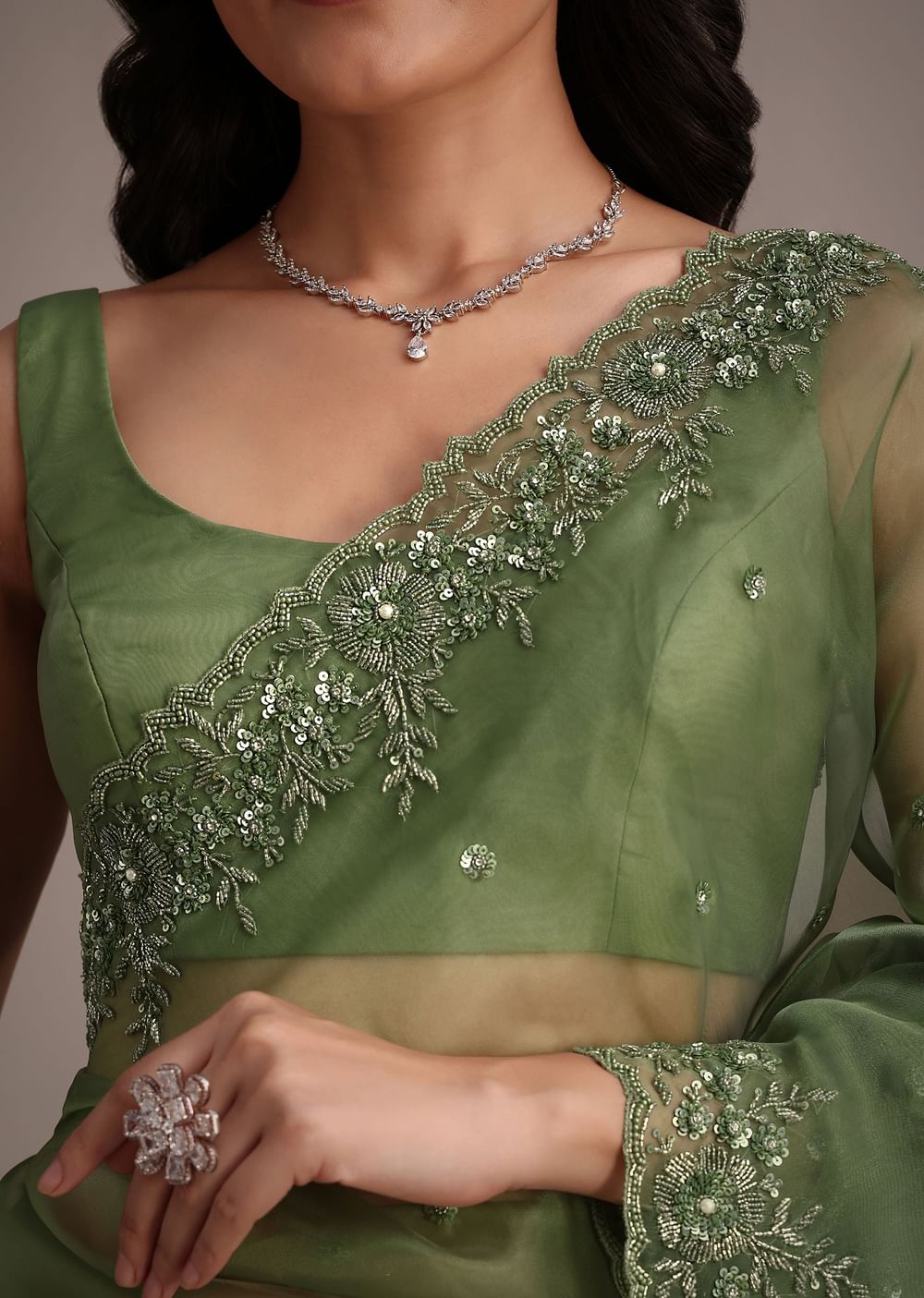 Forest Green Soft Organza Saree With Cutdana Sequin Embroidery