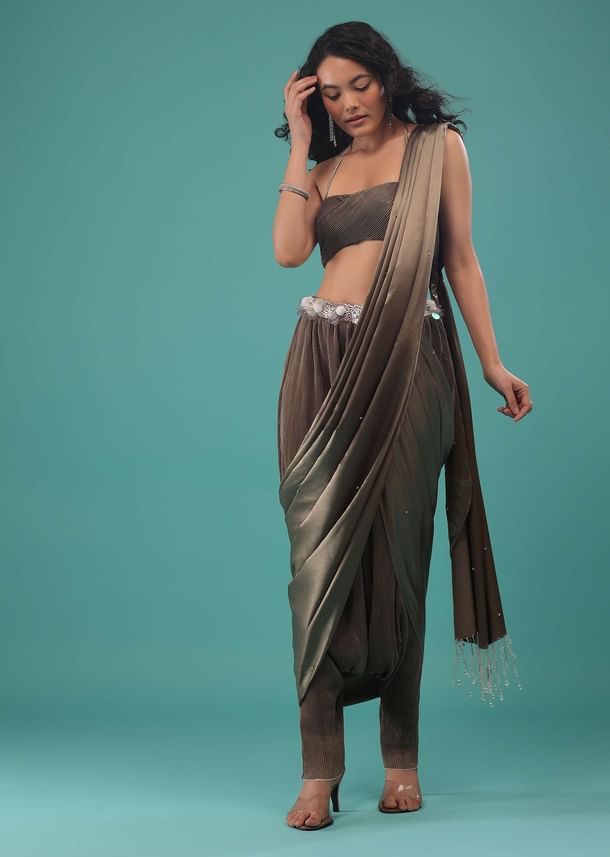 Fossil Brown Pre-Pleated Dhoti Saree In Knitted Pleated Fabric Fossil Brown Pre-Pleated Dhoti Saree In Knitted Pleated Fabric