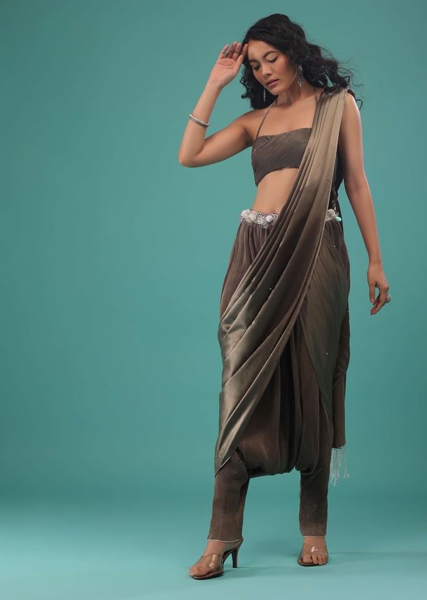 Fossil Brown Pre-Pleated Dhoti Saree In Knitted Pleated Fabric Fossil Brown Pre-Pleated Dhoti Saree In Knitted Pleated Fabric