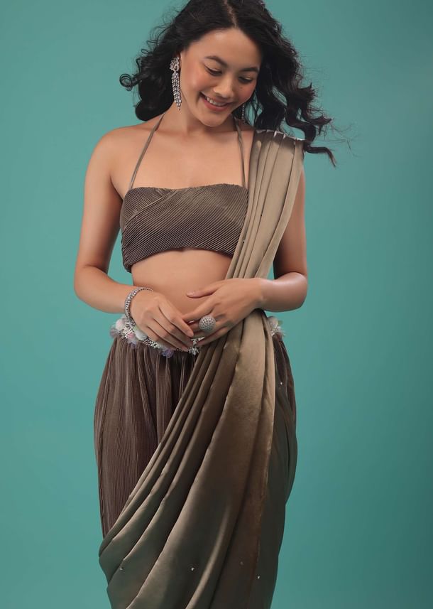 Fossil Brown Pre-Pleated Dhoti Saree In Knitted Pleated Fabric Fossil Brown Pre-Pleated Dhoti Saree In Knitted Pleated Fabric