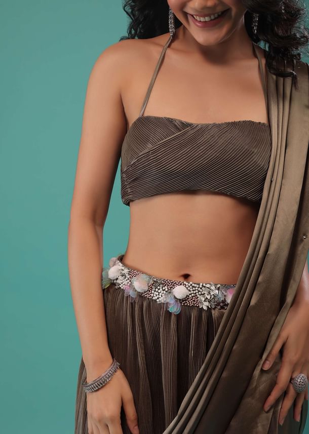 Fossil Brown Pre-Pleated Dhoti Saree In Knitted Pleated Fabric Fossil Brown Pre-Pleated Dhoti Saree In Knitted Pleated Fabric