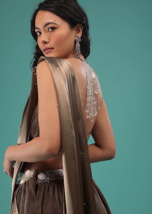 Fossil Brown Pre-Pleated Dhoti Saree In Knitted Pleated Fabric Fossil Brown Pre-Pleated Dhoti Saree In Knitted Pleated Fabric