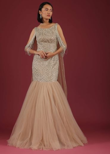 Frappe Mermaid Gown In Cut Dana Dangling Tassels On The Shoulder