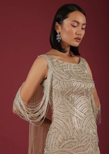Frappe Mermaid Gown In Cut Dana Dangling Tassels On The Shoulder