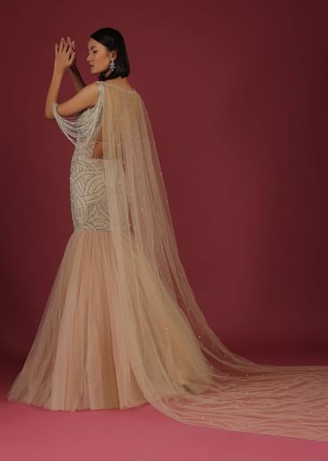 Frappe Mermaid Gown In Cut Dana Dangling Tassels On The Shoulder