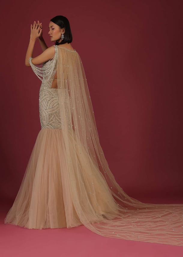 Frappe Mermaid Gown In Cut Dana Dangling Tassels On The Shoulder