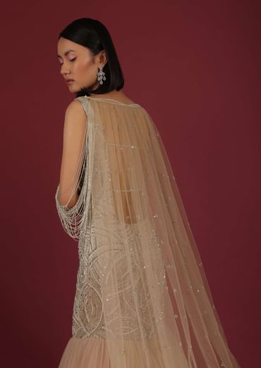 Frappe Mermaid Gown In Cut Dana Dangling Tassels On The Shoulder