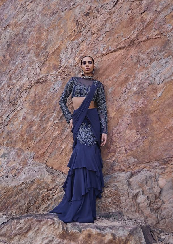 French Blue Fishcut Draped Frill Saree With Blouse French Blue Fishcut Draped Frill Saree With Blouse