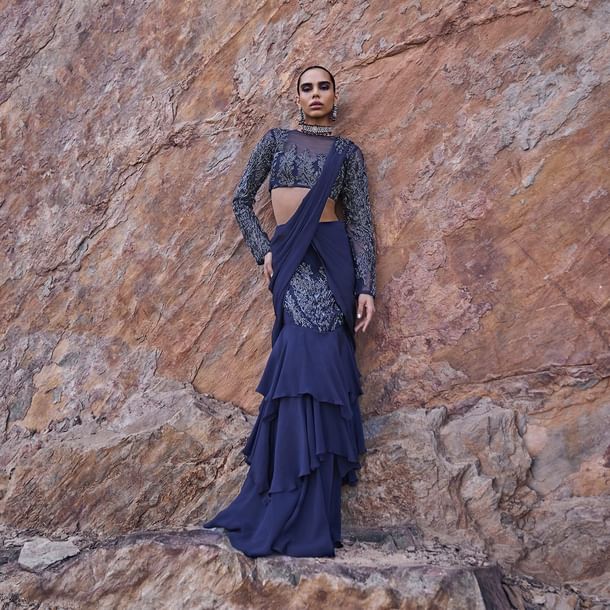 French Blue Fishcut Draped Frill Saree With Blouse French Blue Fishcut Draped Frill Saree With Blouse