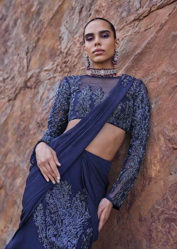 French Blue Fishcut Draped Frill Saree With Blouse French Blue Fishcut Draped Frill Saree With Blouse