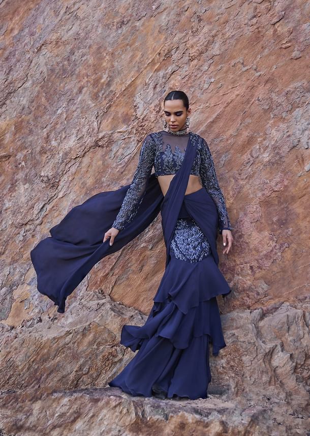 French Blue Fishcut Draped Frill Saree With Blouse French Blue Fishcut Draped Frill Saree With Blouse