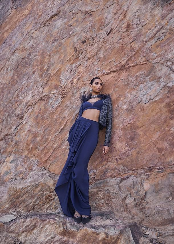 Midnight Blue Feathered Jacket With Draped Skirt And Bustier Midnight Blue Feathered Jacket With Draped Skirt And Bustier