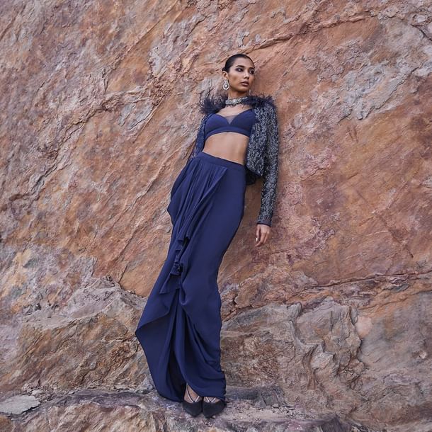 Midnight Blue Feathered Jacket With Draped Skirt And Bustier Midnight Blue Feathered Jacket With Draped Skirt And Bustier