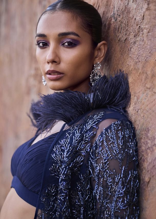 Midnight Blue Feathered Jacket With Draped Skirt And Bustier Midnight Blue Feathered Jacket With Draped Skirt And Bustier