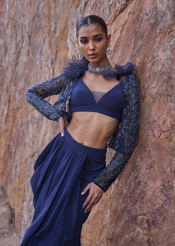 Midnight Blue Feathered Jacket With Draped Skirt And Bustier Midnight Blue Feathered Jacket With Draped Skirt And Bustier