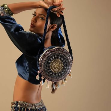 French Blue Round Clutch In Velvet With multicolored Sequins And Beads Hand Work And Tassels On The Bottom