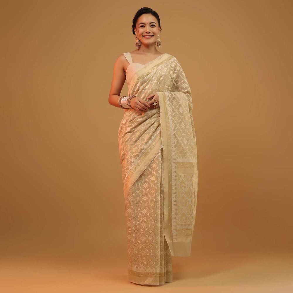 Daffodils Yellow Saree In Pure Handloom Cotton With Banarasi Chanderi Weave