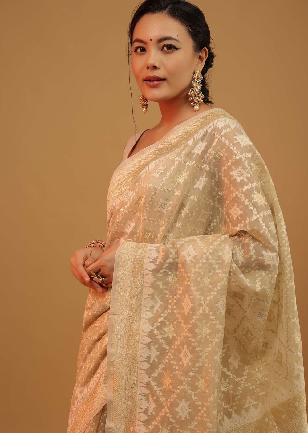 Daffodils Yellow Saree In Pure Handloom Cotton With Banarasi Chanderi Weave