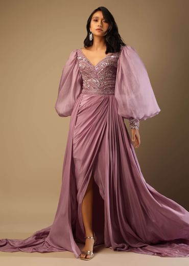 Frozen Mauve Gown With Hand Embroidered Bodice, Balloon Sleeves And A Long Trail