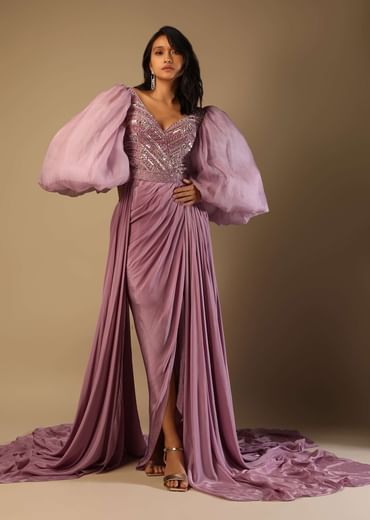 Frozen Mauve Gown With Hand Embroidered Bodice, Balloon Sleeves And A Long Trail