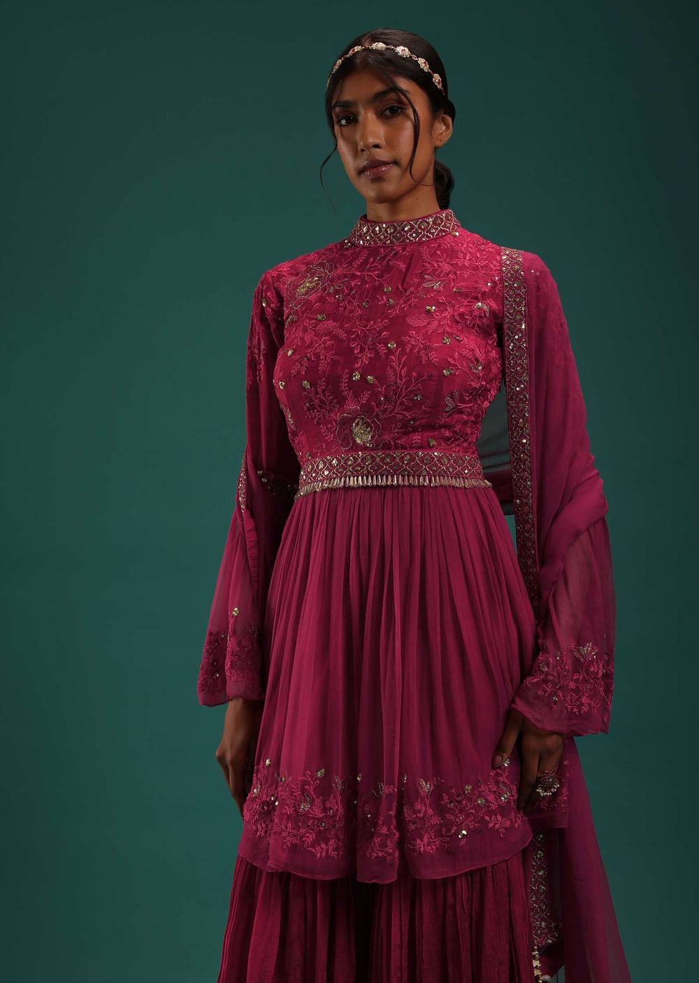 Fuchsia Pink Peplum Top And Sharara Set With Zari Work